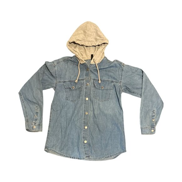 H&M Divided Denim Hooded Button-Up Shirt Jacket S Light Blue & Gray - Picture 2 of 7